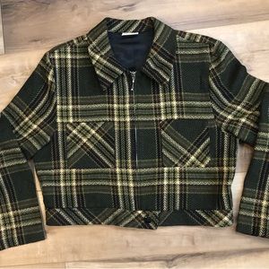 082  GREEN PLAID JUST FOR PETITES  DOUBLE BREAST POCKET CROP TWEEDLIKE SEE PHOTO